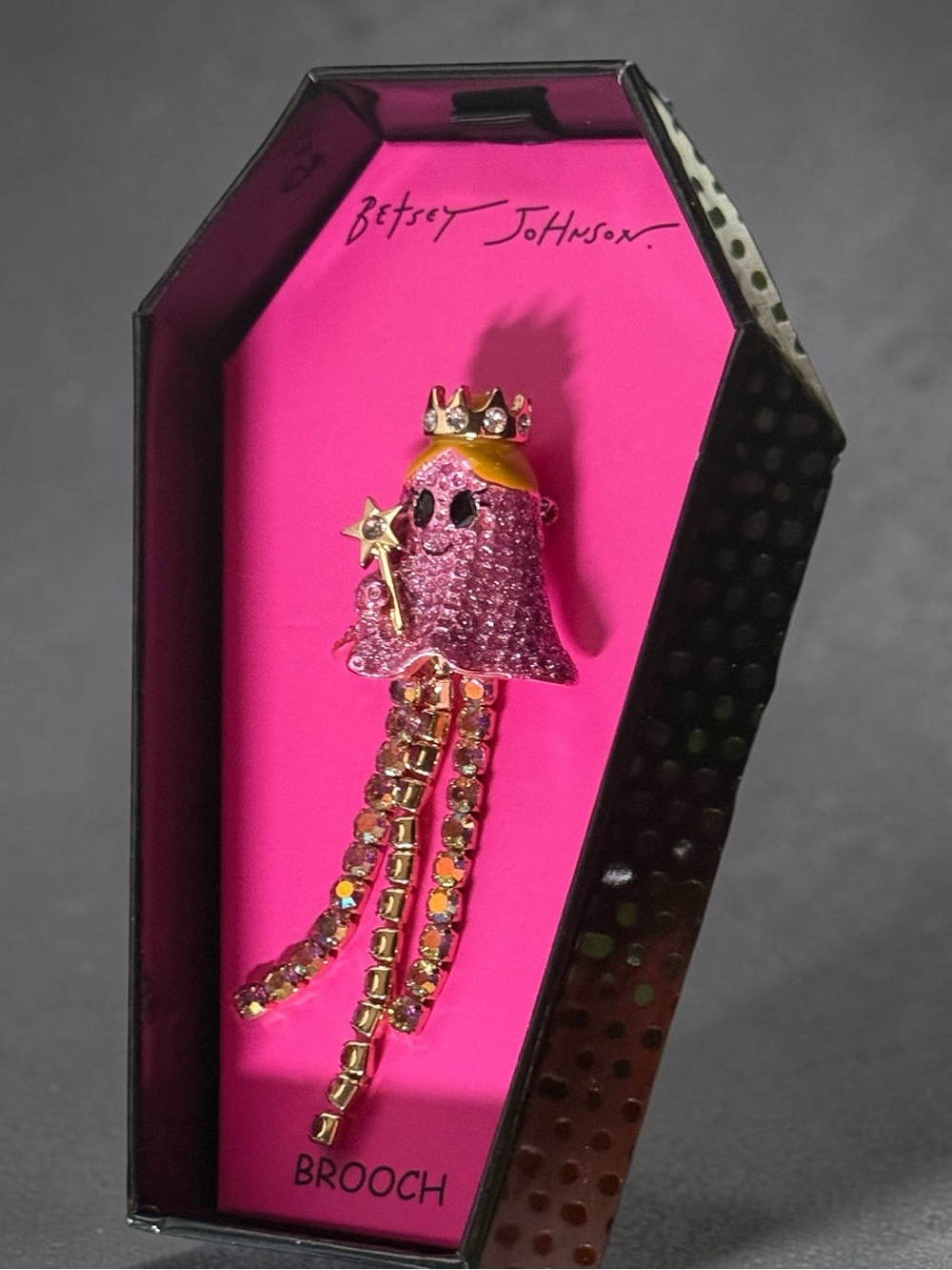 Betsey Johnson Pink Crystal Ghost Brooch in coffin box